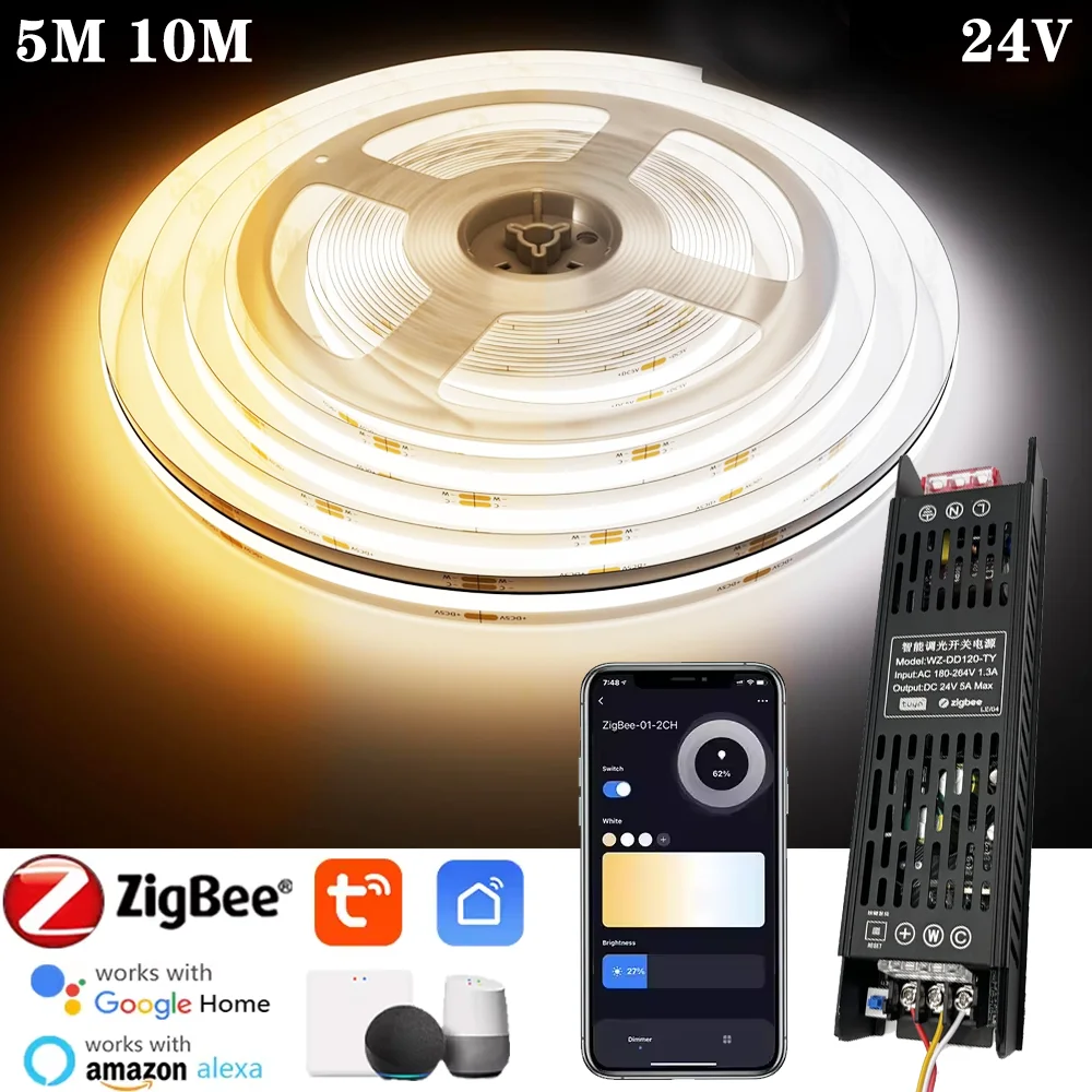 

Zigbee 3.0 24V DC CCT COB Светодиодная лента Изменение цвета с регулируемой яркостью Гибкая светодиодная лента Линейная лента 5M 10M Двухцветный декор комнаты