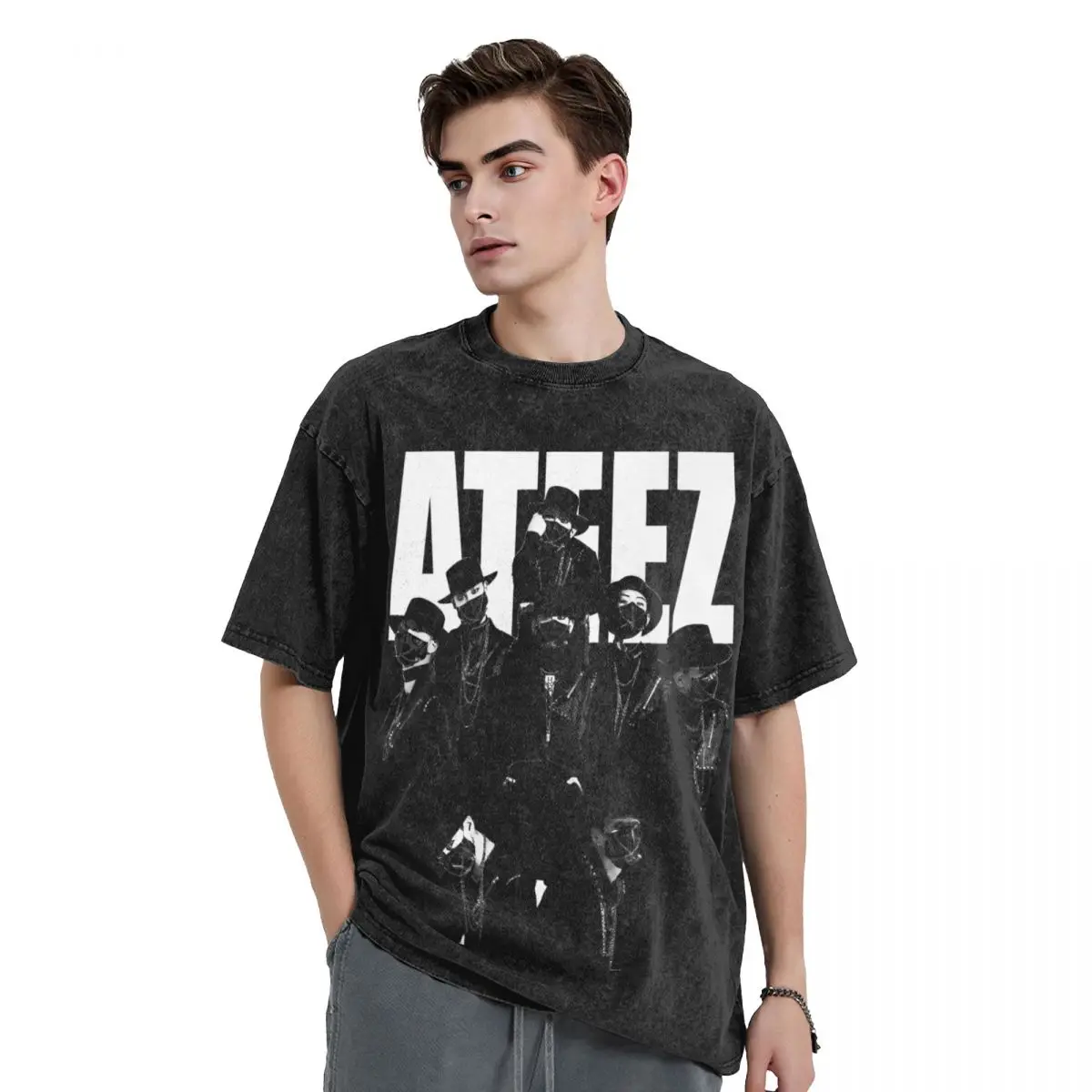 Ateez T Shirt Hip Hop Washed 100% Cotton Harajuku T-Shirt Novelty Men Women Tops Streetwear Graphic Tees