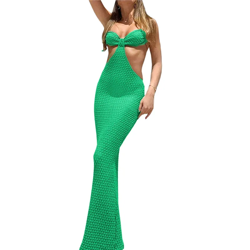 Women Party Hollow Bodycon Dress Summer Elegant Solid Low Cut Hanging Neck Sleeveless Backless Tie Up Beach Long Dress Maxi