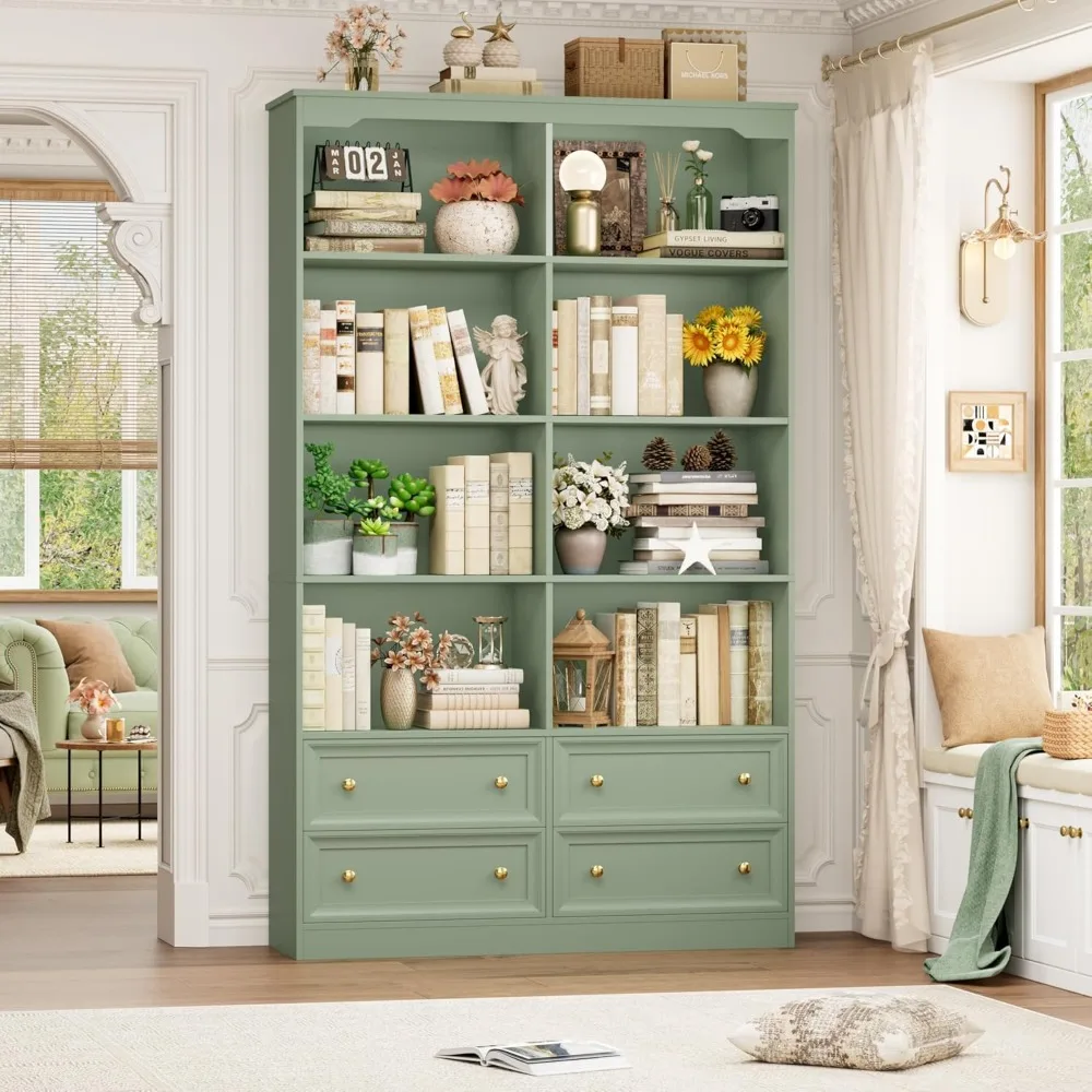 Zielony regał dwukomorowy o wysokości 180 cm, 6 półek i 4 szuflady, duży regał z otwartymi przegródkami na książki i inne rzeczy.