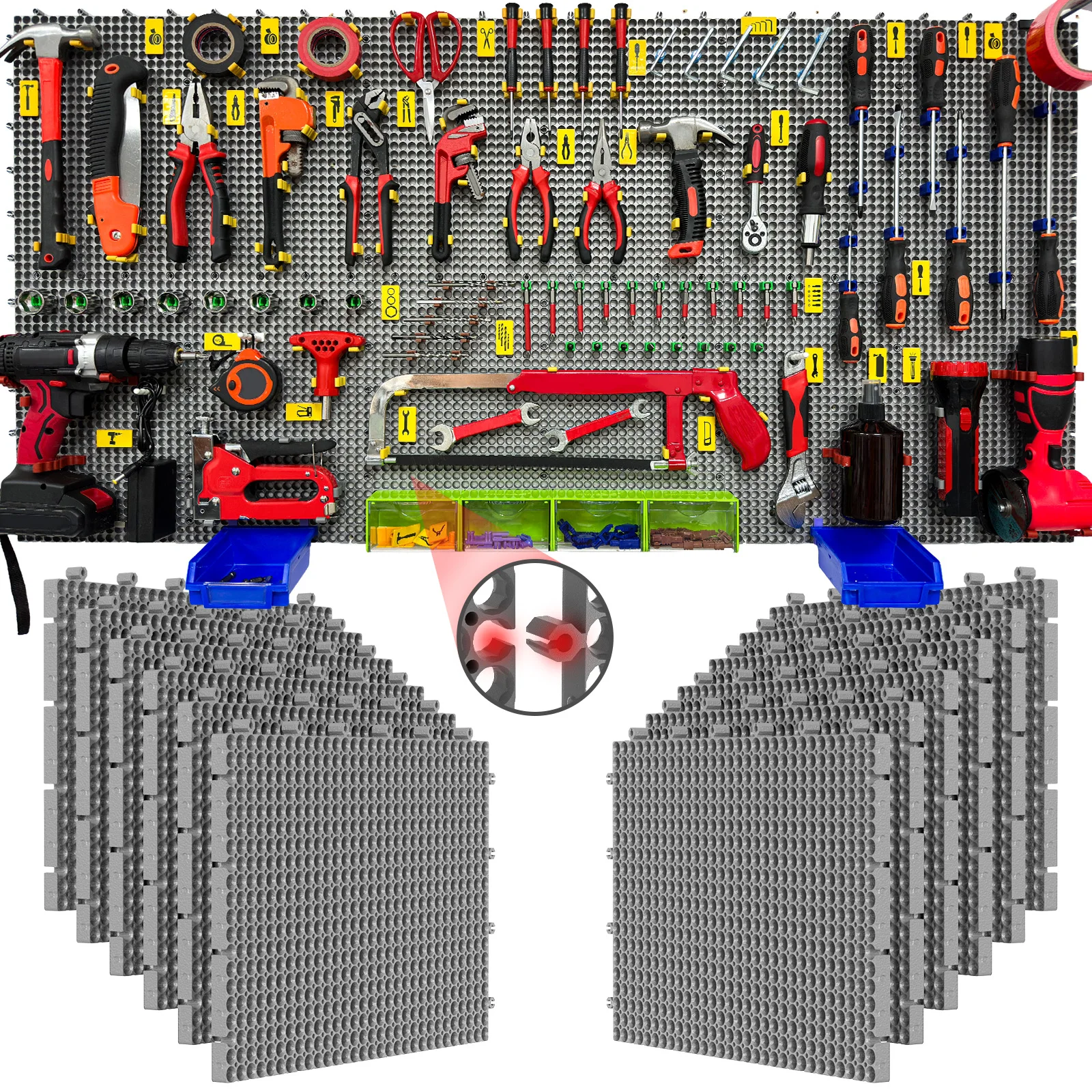 Plastic Pegboard wall storage kit, 12panels grey 122 x 61cm, 428accessories, with hooks, clips, and boxes, modular tool storage