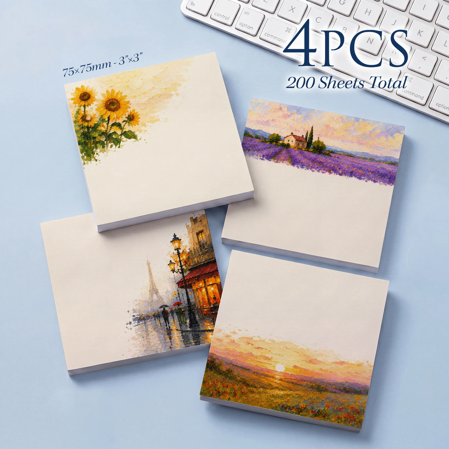 4pcs Oil Painting Sticky Notes Set, Sunflower Lavender Paris Landscape Self Stick Memo Pads, 200 Sheets Total, Aesthetic Floral