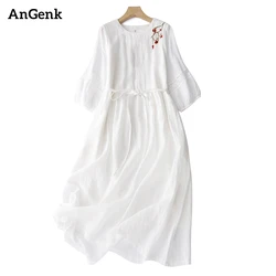 Summer Vintage Embroidery Solid Color Long Dresses For Women 2026 Casual Breathable White Thin Dress Femme Robe Elegant Clothing