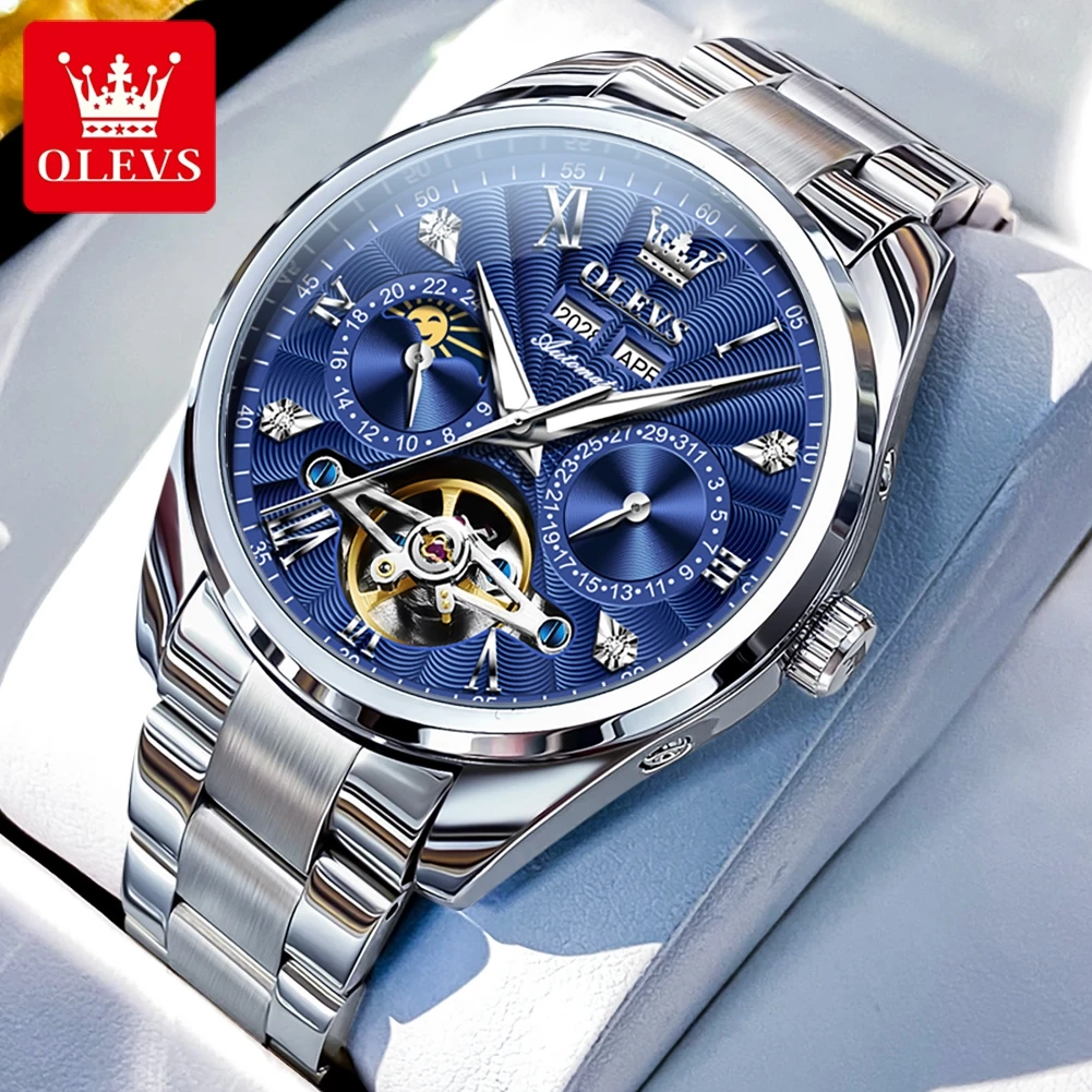 

OLEVS Automatic Men's Watches Skeleton Hollow Out Flyweel Mechanical Wristwatches 24 Hour Moon Phase Multifunction Man Watch New