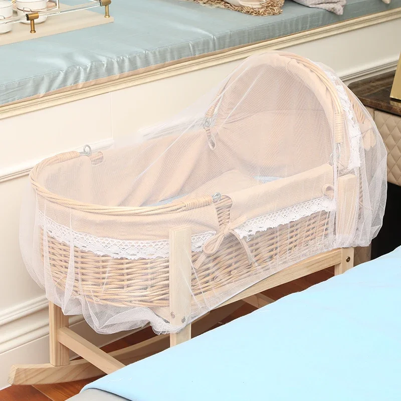 Rattan Cradle Wooden Newborn  Crib Bed Mosquito Baby Sleeping Basket Portable Trolley Baby Cot Bed Nursery Baby Bassinet