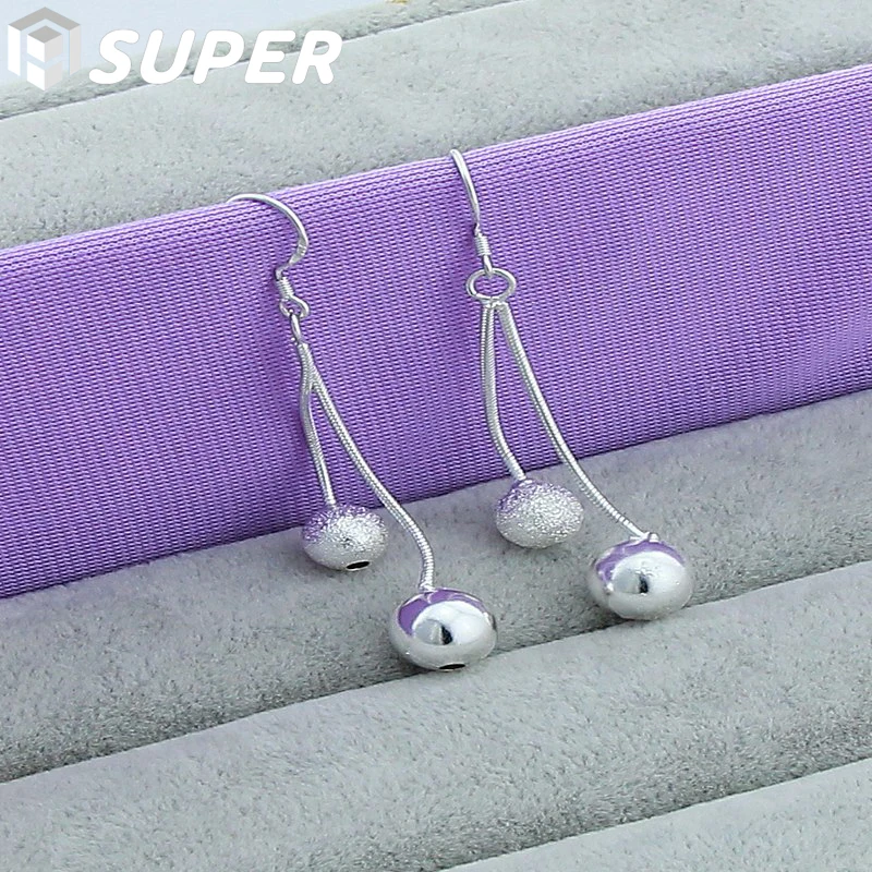 

925 Sterling Silver Smooth Matte Beads Long Drop Earrings For Woman Wedding Engagement Fashion Party Charm Jewelry