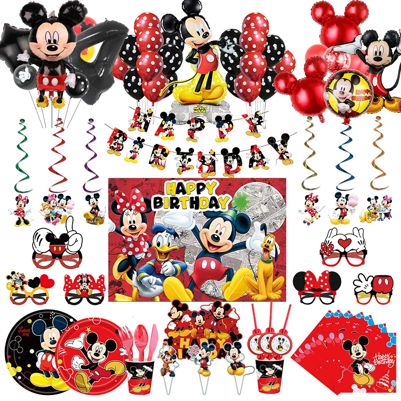 Disney Mickey Mouse Party Balloons Cartoon Mickey Paper Plates Napkins Cups DIY Birthday Decoration Supplies Baby Shower Event