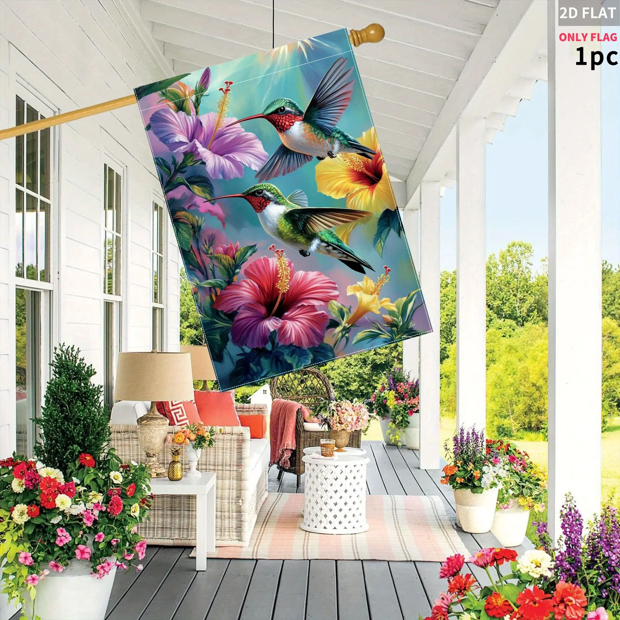 

2D FLAT 1pc Double-Sided Garden flag Hummingbirds Flowers Tropical Garden Art 28x40 Inch Polyester(Pole Not Included)