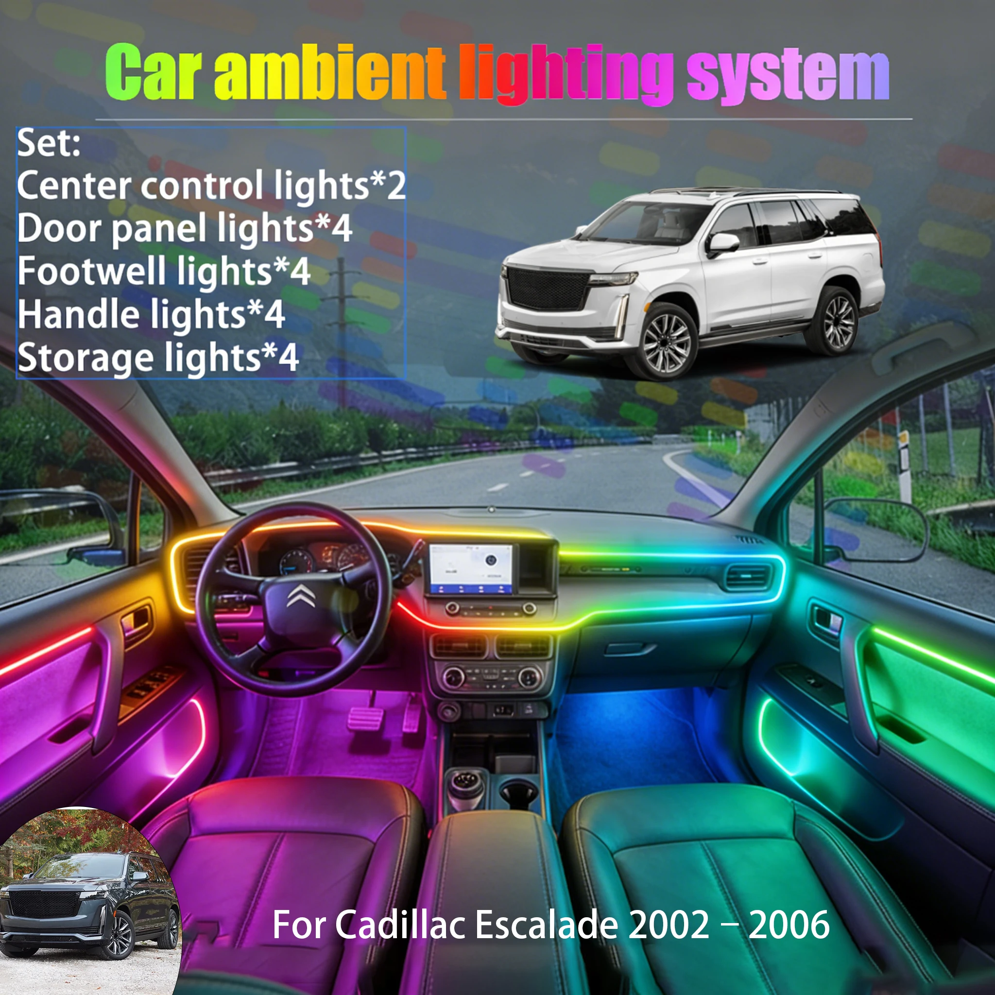 

For Cadillac Escalade 2002–2006 MK5 2/18 in 1 Car ambient lighting Led trunk interior led lights USB RGB Ensemble Streamer