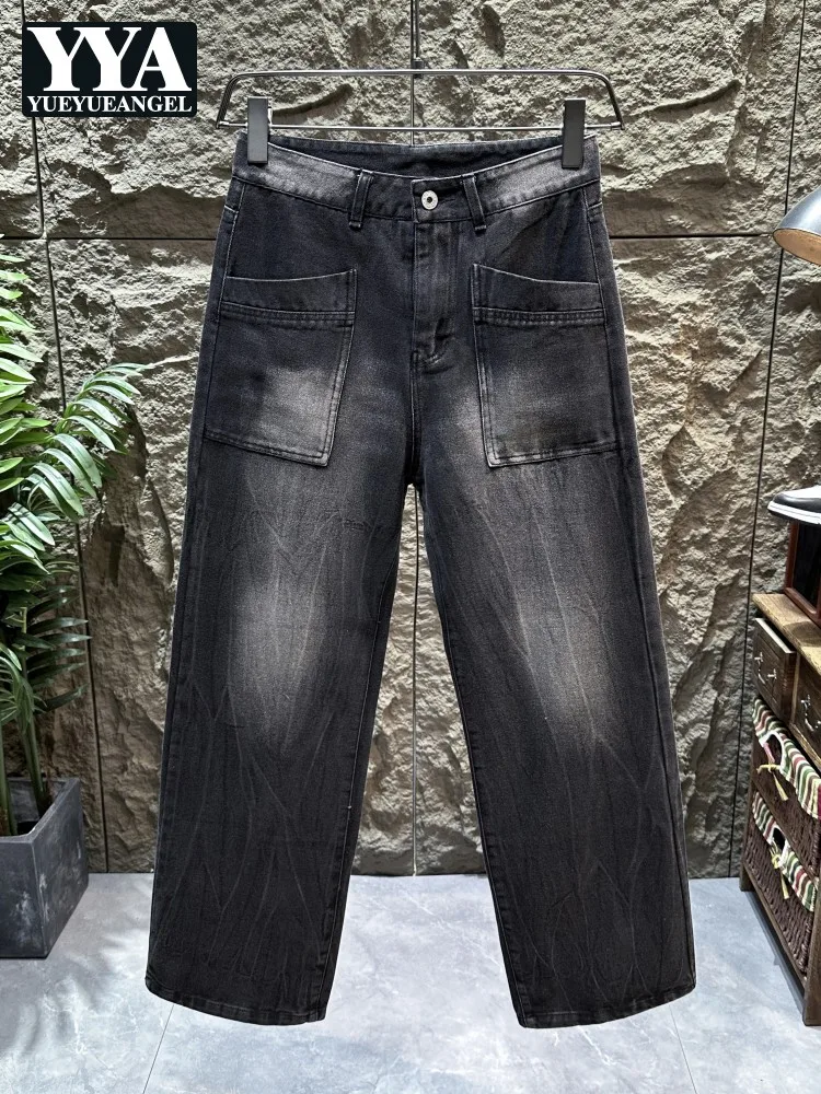 

Fashion Youth Men Summer Black Jeans Mid Waist Pocket Long Denim Trousers American Style Retro Casual Straight Pants Hot Sale