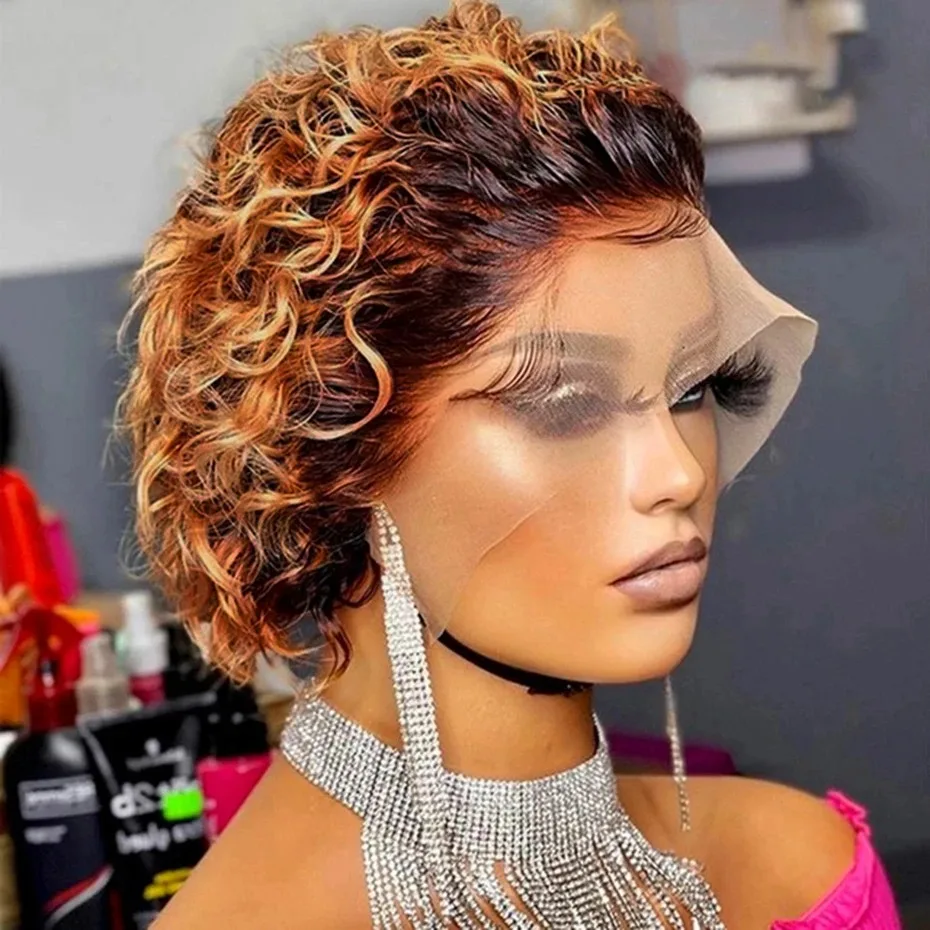 Pixie Cut Wig 1B/30 Brown Color 13*1 Part Lace Wig Spring curl Short Bob Human Hair Wig For Women Natural Color Blonde