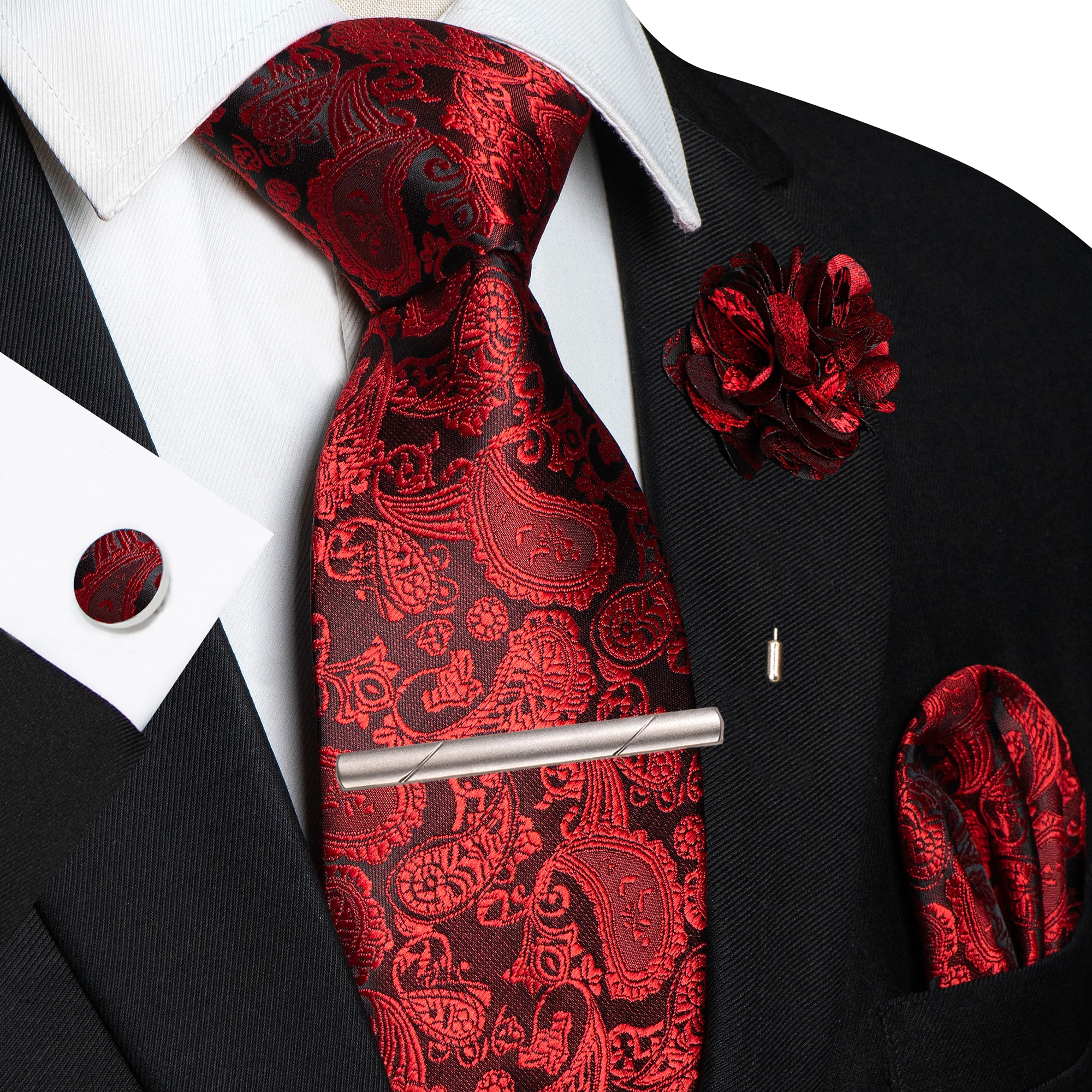 Champagnerfarbene Seidenkrawatte mit Blumen-Paisley-Muster für Herren, Bräutigam, Hochzeit, Herrenkrawatte, Einstecktuch, Manschettenknöpfe, Brosche, Krawattenklammer, Accessoire – Detail 12