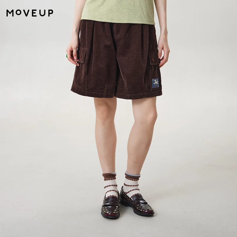 MOVEUP 100% Cotton Corduroy Shorts Autumn Elastic Waist Horse Woven Label Pockets Loose Wide Leg Casual Short Pants 3ELQ20127
