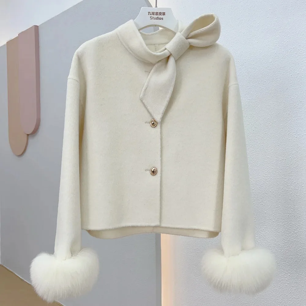 2024 Wool Woolen Women coat fur jacket New Winter Real Natural Fox Fur Cuff Coat Ladies Outwear Female Coat Cashmere Luxury