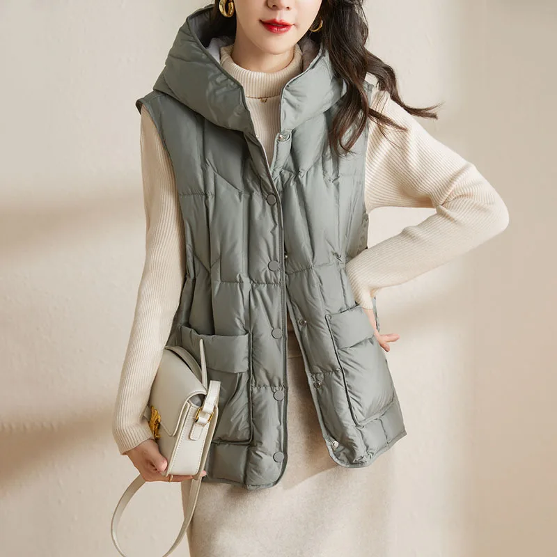 

Autumn Winter Lightweight Hooded Down Vest Female Single Breasted Warm Quilted Waistcoat Women White Duck Down Sleeveless Vest