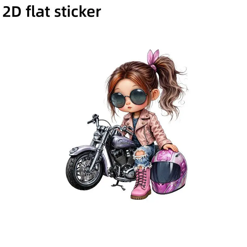 1Pc 2D Flat Cute Biker Girl Vinyl Sticker, Waterproof Self‑Adhesive Decal For Car Window Body Skateboard Smooth Surfaces