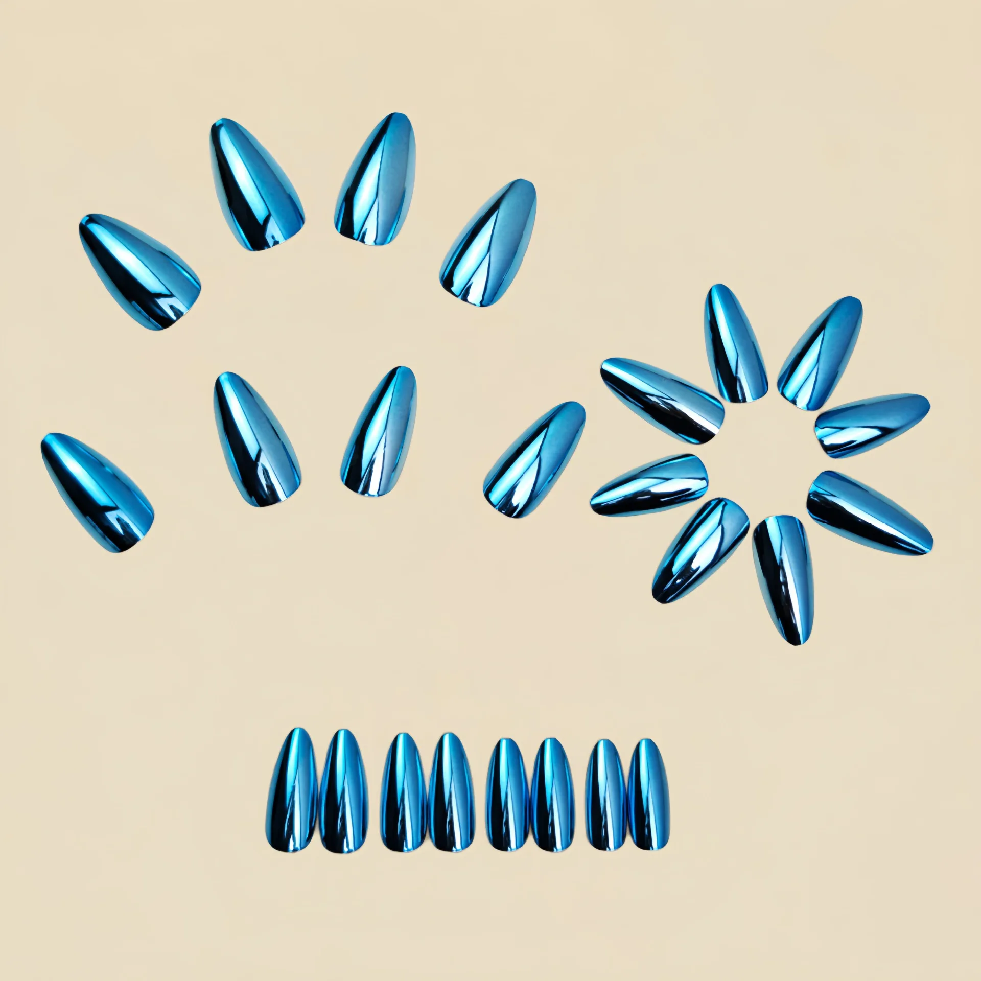 Medium fake nails for women  girls Holographic Plated champagne blue glossy almond nail tips full cover press on false nail art view 5