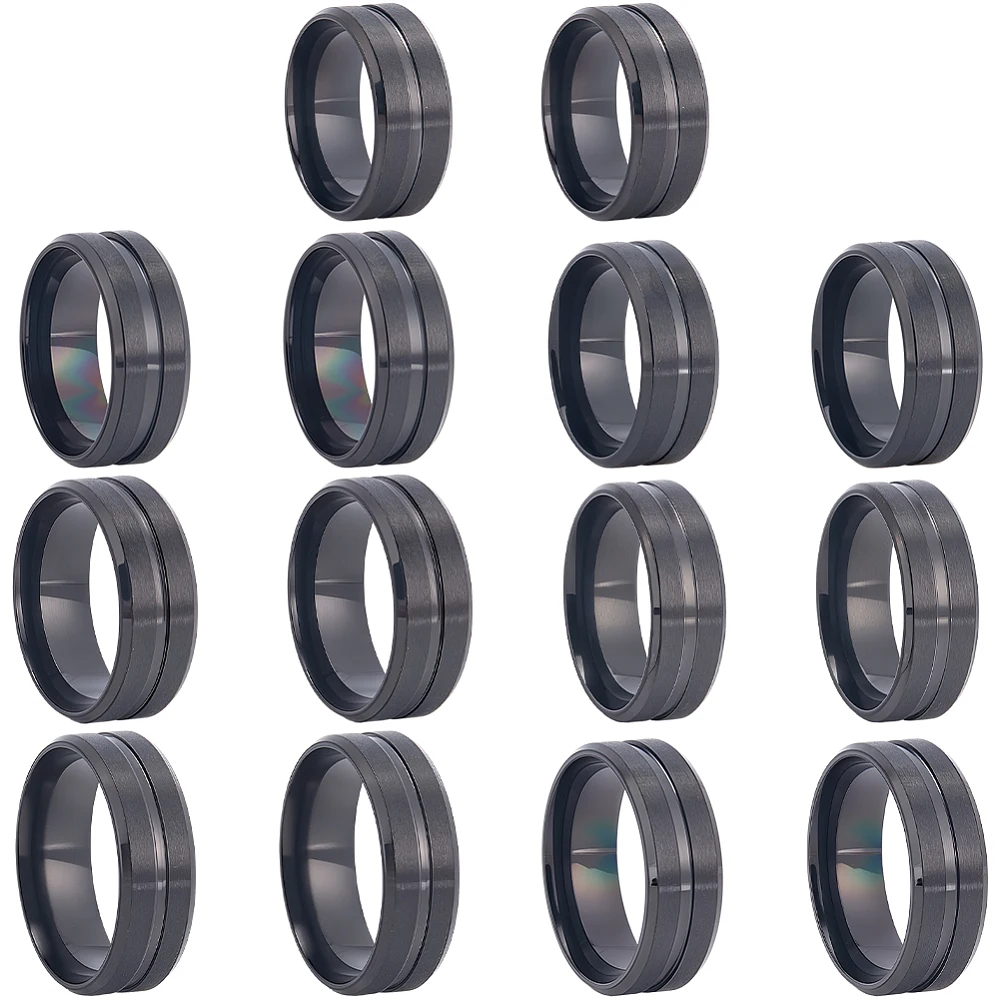 1 Box 7 Sizes 14Pcs Black Inlay Rings Grooved Finger Ring Bulk 8mm Wide Stainless Steel Metal Blanks Core Round Empty Resin
