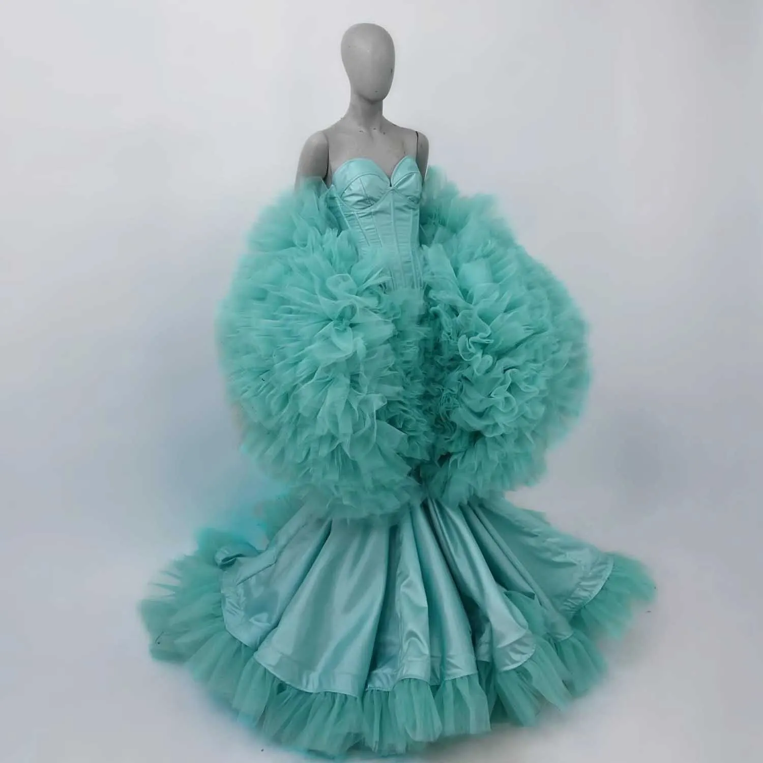 Hortelã verde sereia vestidos de festa à noite com capa em camadas tule xale tafetá vestido de casamento vestido de ocasião formal فساتmavera