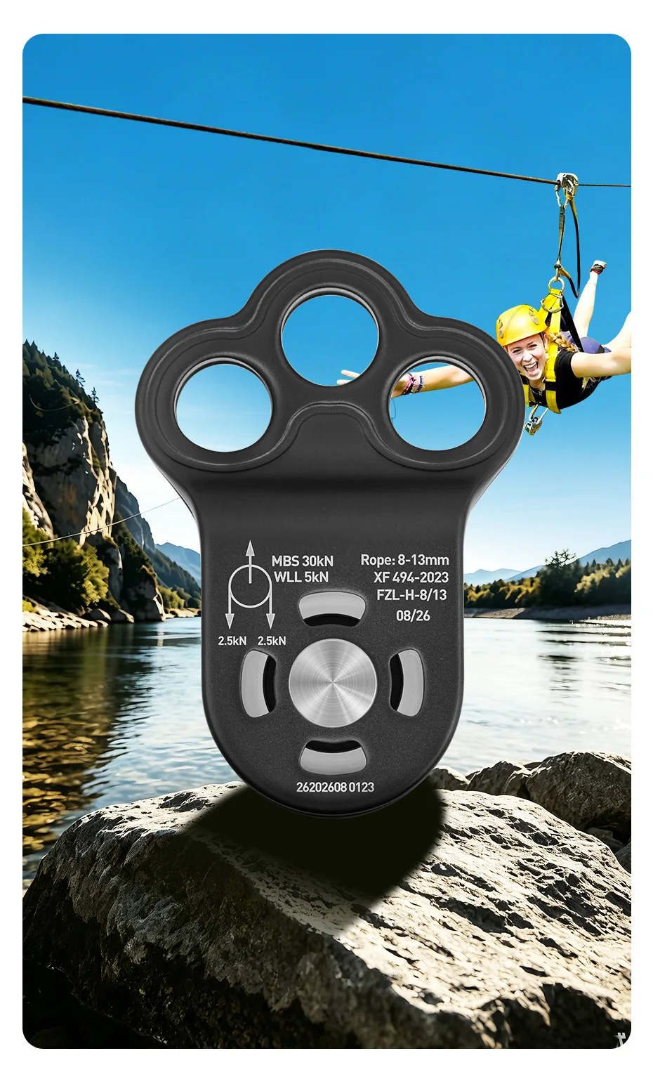 Xinda Kletter-Einzelrolle für den Außenbereich, 3-Loch-Seilrolle, offene Zipline-Rolle, Rettungs- und Transportausrüstung für Höhenarbeiten – Detail 5