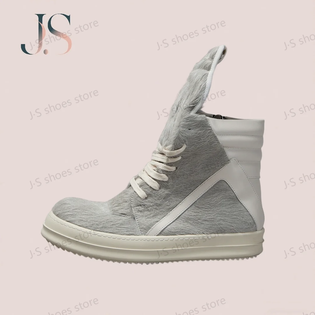 

R-o Men Boot Grey Horse Hair High Top Shoe Women Sneaker Luxury Sneakers Casual Shoes Zipper Gray Horsehair Flat Ankle Boots