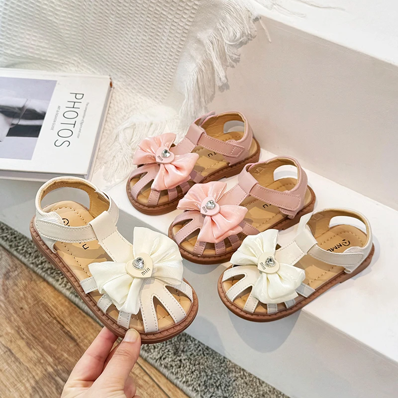 

Girls' Close Toe Sandals with Bows, Hearts, and Rhinestones on Top, Summer PU Fashion Casual Sandals for Girls Size 24-34