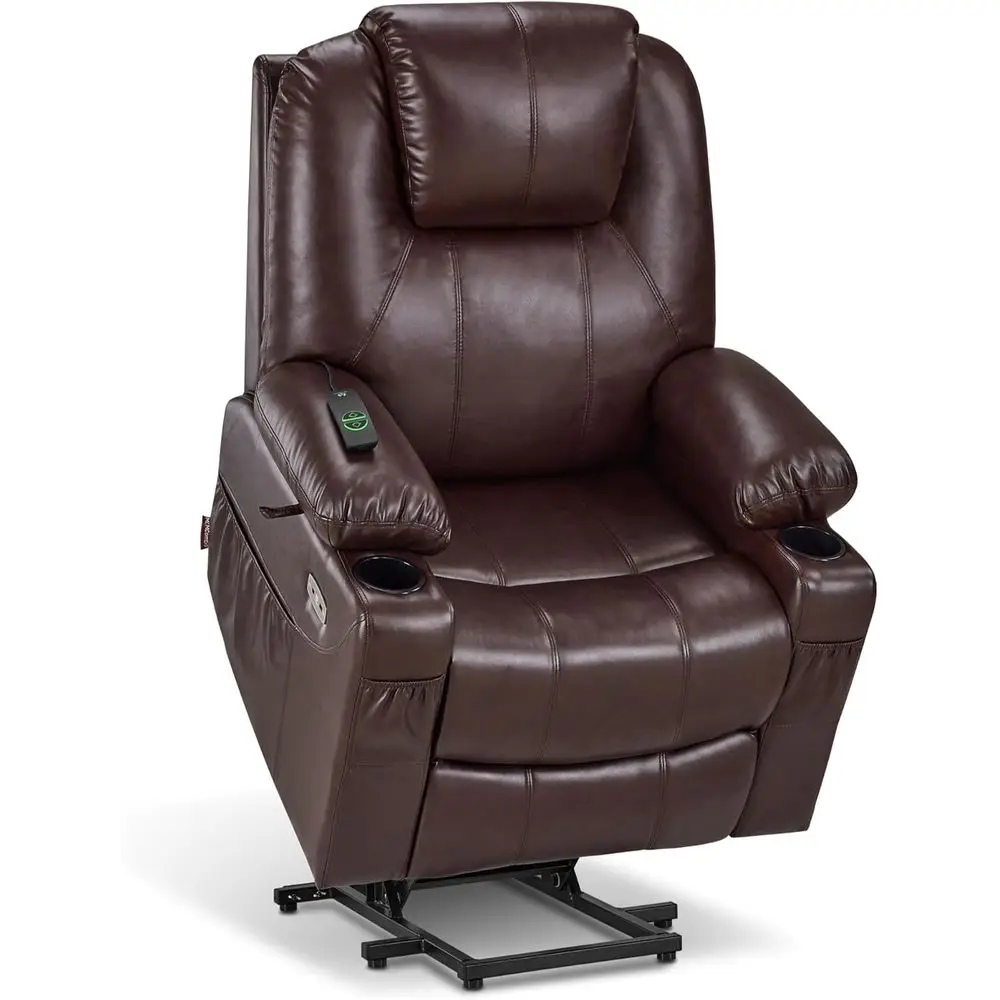 

Massive Power Recliner with Massage, Heat, 3 Recline Positions, Cup Holders, USB Ports, faux Leather (Large, Brown)