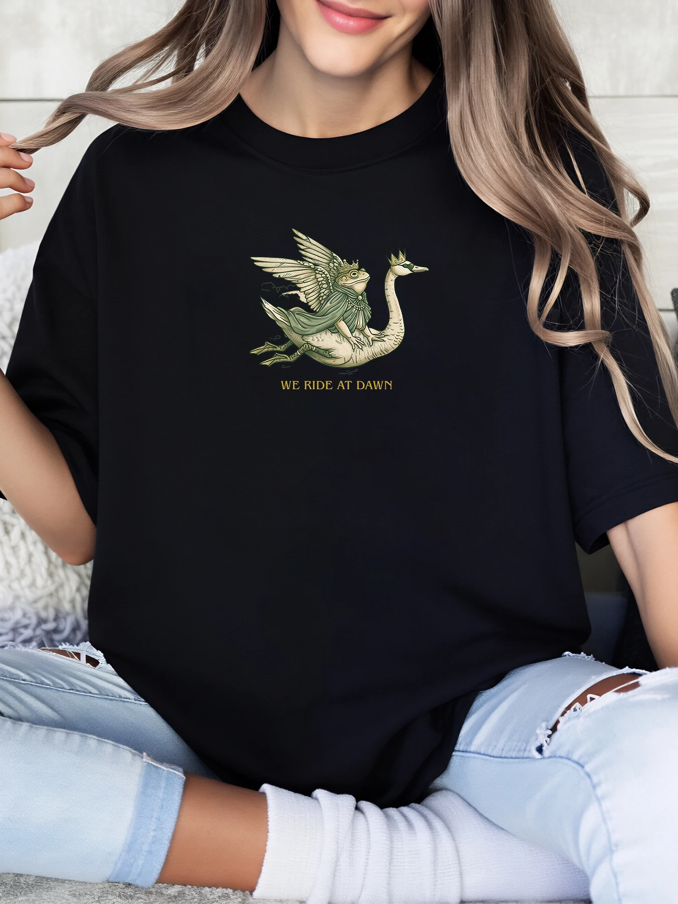 Dragon and Phoenix Print We Ride at Dawn T-Shirt Halloween Women Casual Wear Black Plus-Size