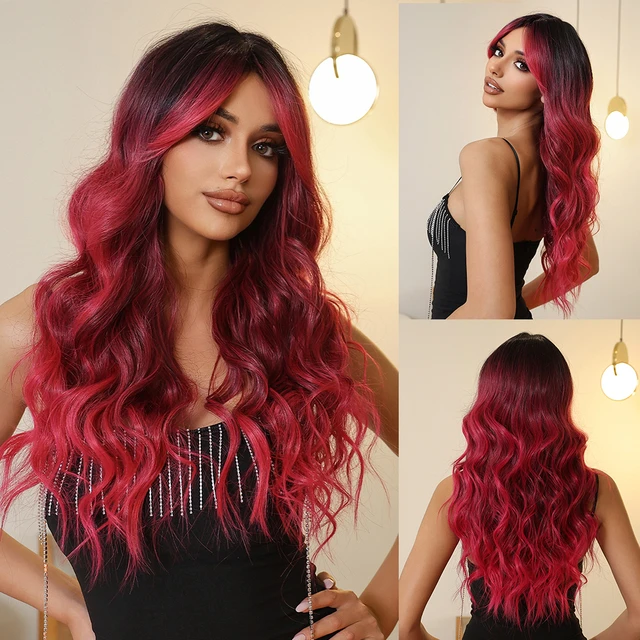 Black Red Ombre Long Wavy Synthetic Wig with Bangs Natural Looking Hair Wigs for Women Colorful Party Wig High Temperature Fiber AliExpress