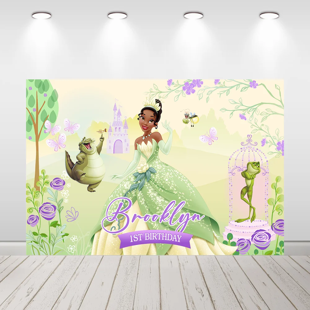 Happy 1st Birthday Photo Background Photocall Vinyl Cartoon Frog and the Princess Tiana Birthday Backdrop Party Banner Supplies