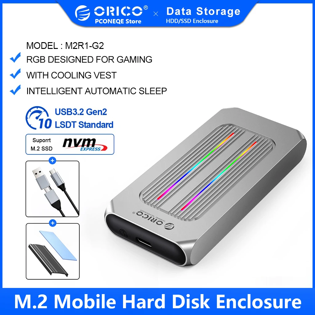 ORICO RGB 10Gbps M2 NVMe SSD Enclosure Type-C USB3.2 Gen2 Case Support 4TB Capacity for M Key M&B Key Solid State External box