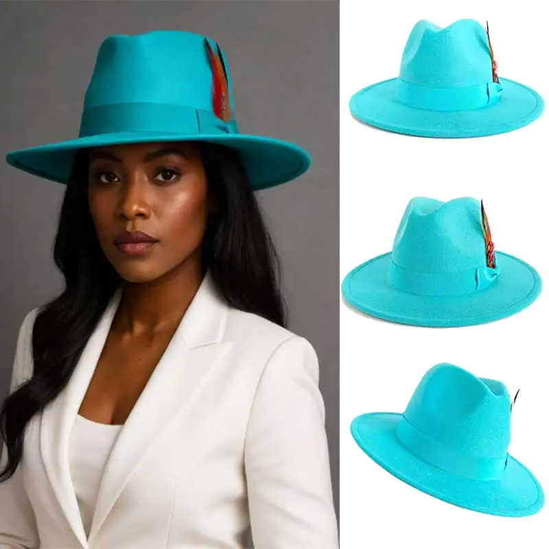 Lake blue fedora 7cm brim feather accessories autumn and winter hat men's winter hat men's and women's jazz hat women sombrero
