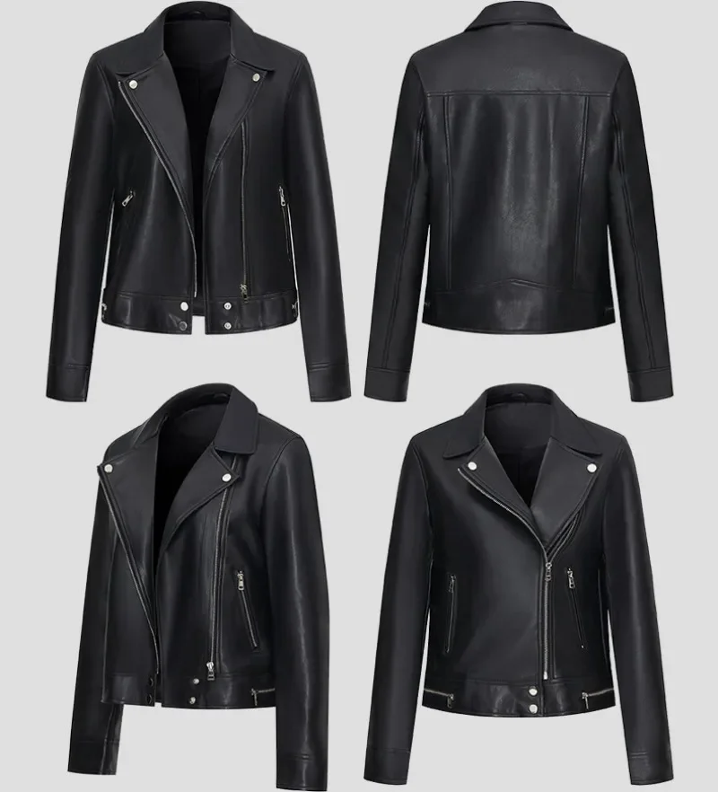 Autumn and Winter Women's Solid Color Casual Faux Leather Jacket Long Sleeved Turndown Collar Zipper Motorcycle Jacket