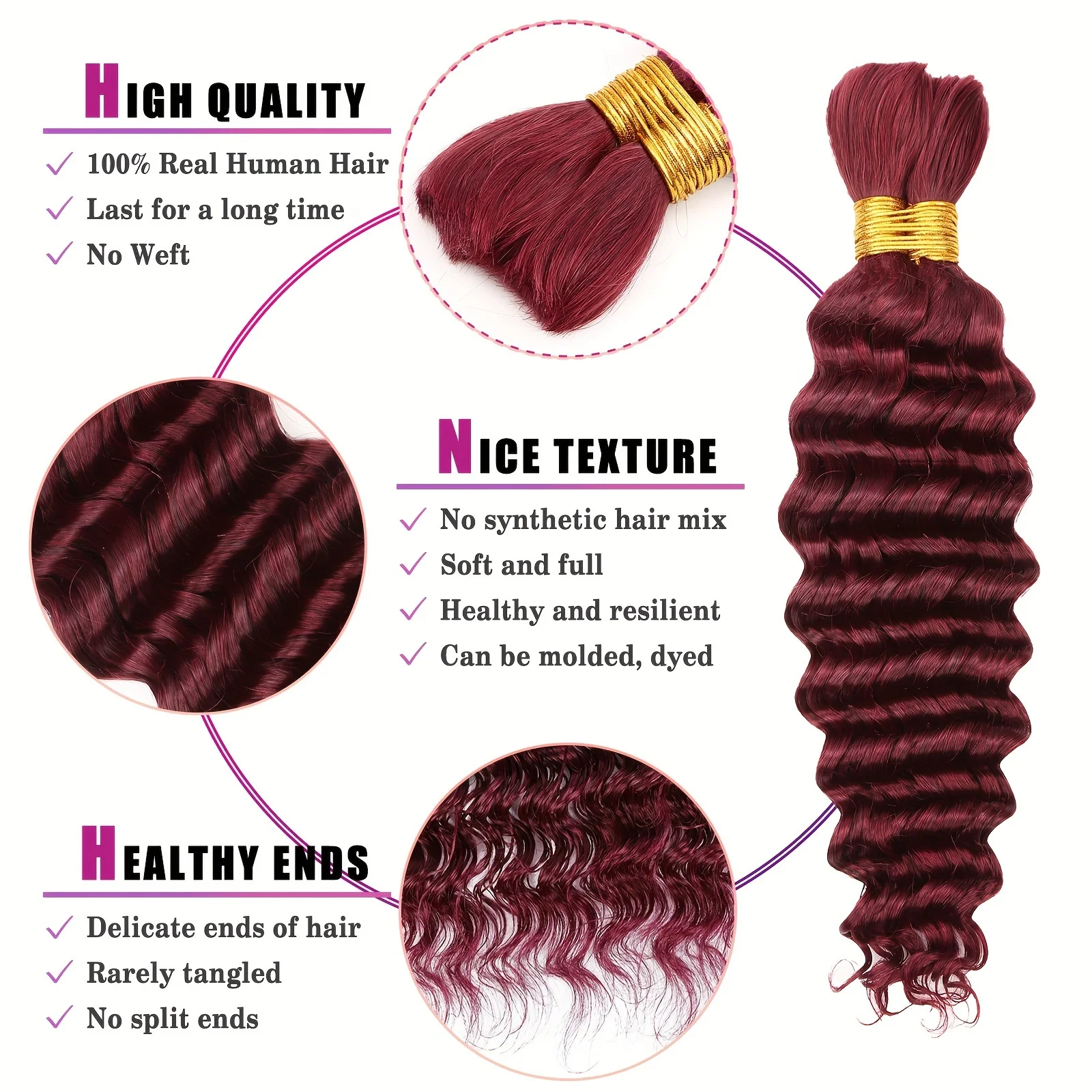 Extensiones de cabello humano para trenzas Boho, cabello humano de onda profunda a granel, sin trama, trenzado rizado, 16 pulgadas, 99j