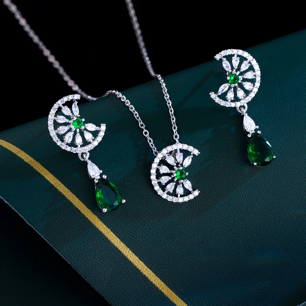 ThreeGraces Shiny Pink Zircon Elegant Water Drop Pendant Necklace and Earrings Dubai Wedding Party Jewelry Set for Women JS714