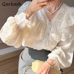 Vintage Women Shirts Lace Lolita Elegant Long Sleeve French Flounce Blouse Office Lady New Fashion Chic Female Tops Sweet Autumn