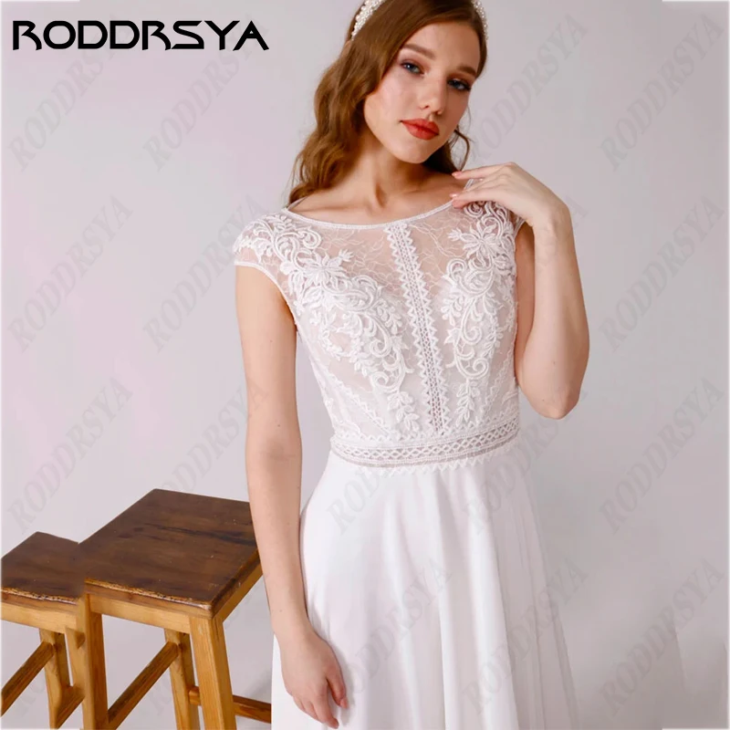 فساتين زفاف من RODDRSYA Boho رومانسية بياقة سكوب بدون ظهر من Vestidos Novia بأكمام بسيطة على شكل حرف a فساتين زفاف لحفلات العروس  رومانسية بياقة سكوب بدون ظهر من Vestidos Novia بأكمام بسيطة على شكل حرف a فساتين زفاف لح