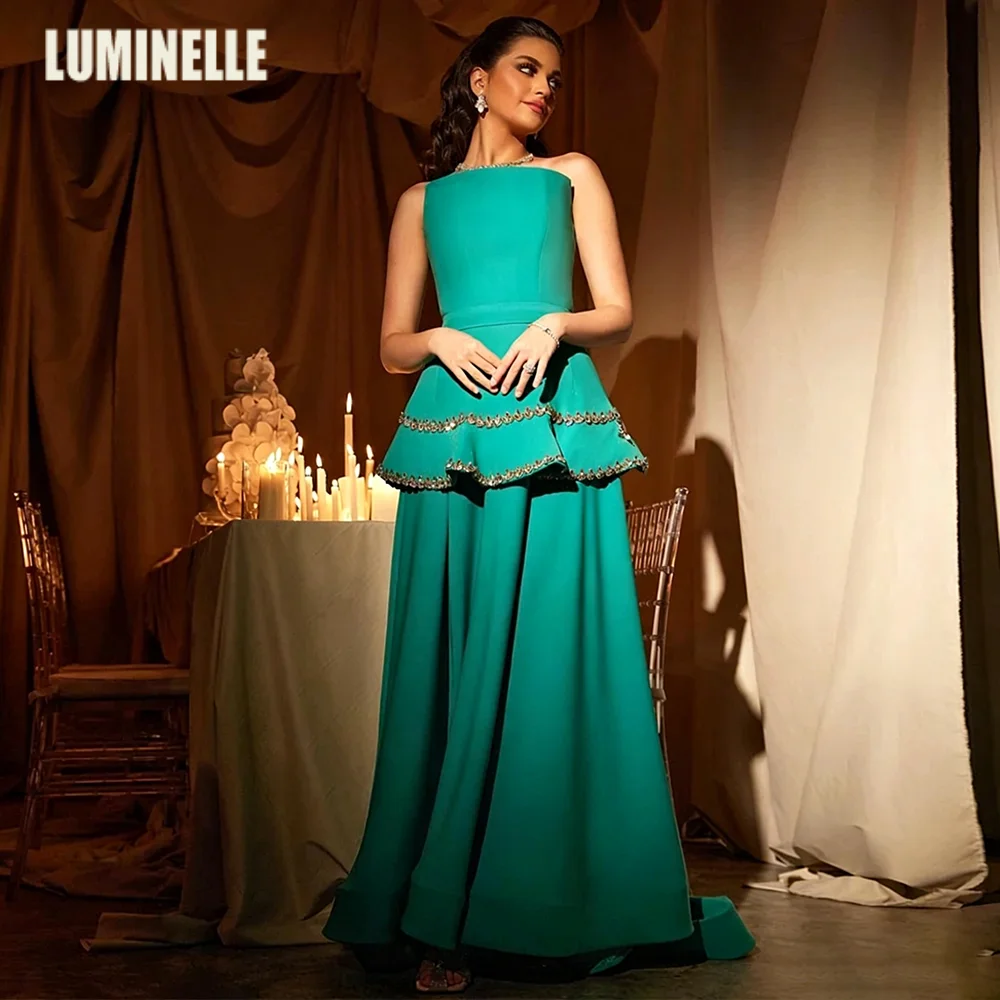 

Green Evening Dress Crystals Customized Peplum Occasion Dresses Strapless Sleeveless Sweep Train A Line Corset Saudi Prom Gown