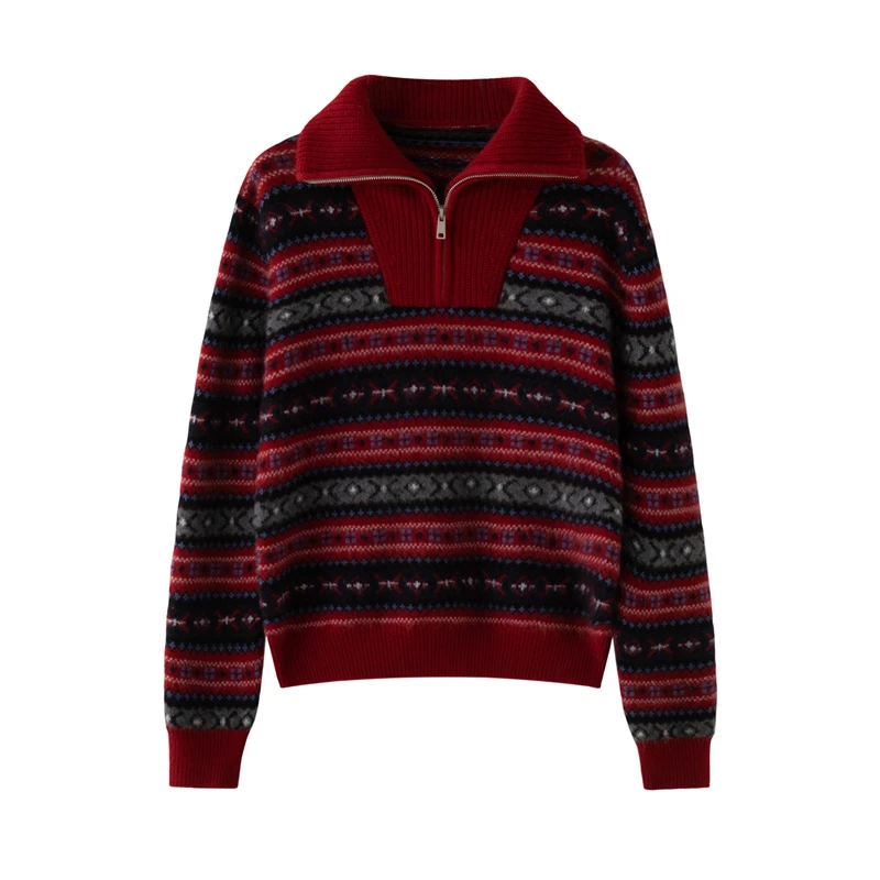 

2025 New Women's Cashmere Sweater Autumn Winter Jacquard Half-Zipper Long Sleeve Pullover Vintage Style 100% Cashmere Knitwear