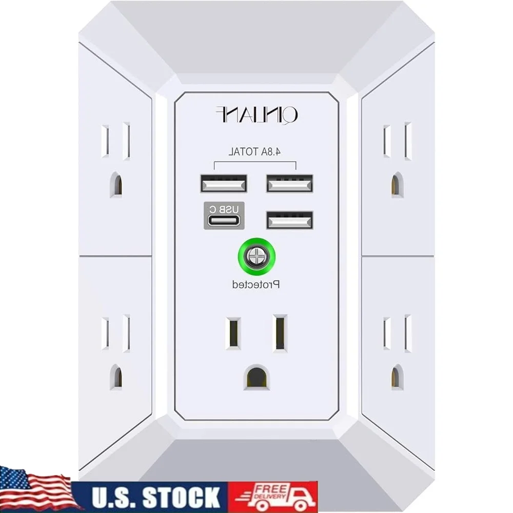 Protector contra sobretensiones de cargador de pared de 5 salidas con 4 puertos USB Adaptador de enchufe múltiple 4.8A Regleta de alimentación de 3 caras Diseño seguro 1680J