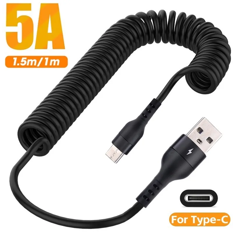 5A Fast Charging Type C Cable USB To Type-c Car Phone Charger USB Data Cables for Samsung Xiaomi Huawei Spring Telescopic Cable