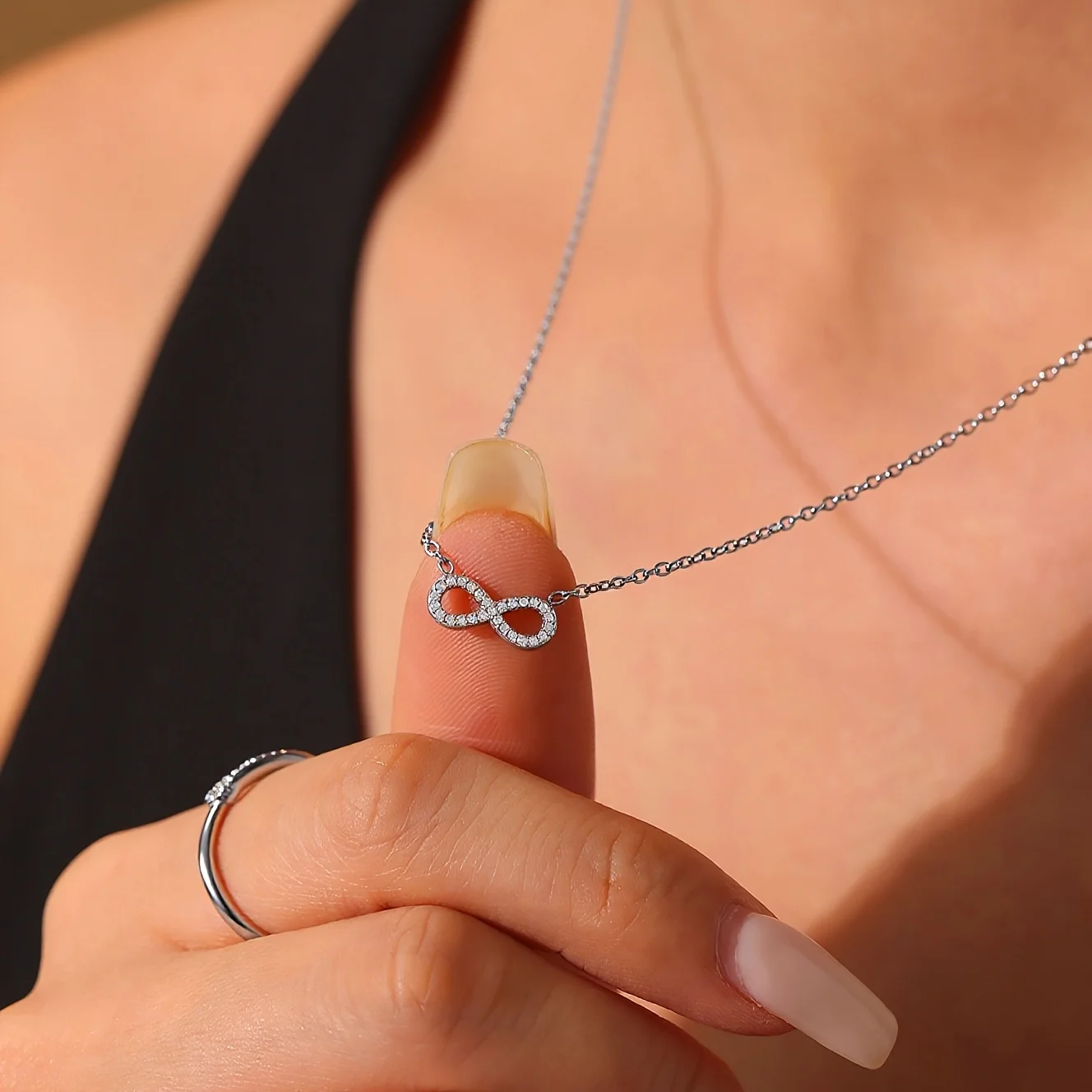 Full Paved Zircon Infinity Symbol Thin Cable Necklace 316 Stainless Steel Silver Eternal Infinite Sign Dainty Collarbone Jewelry
