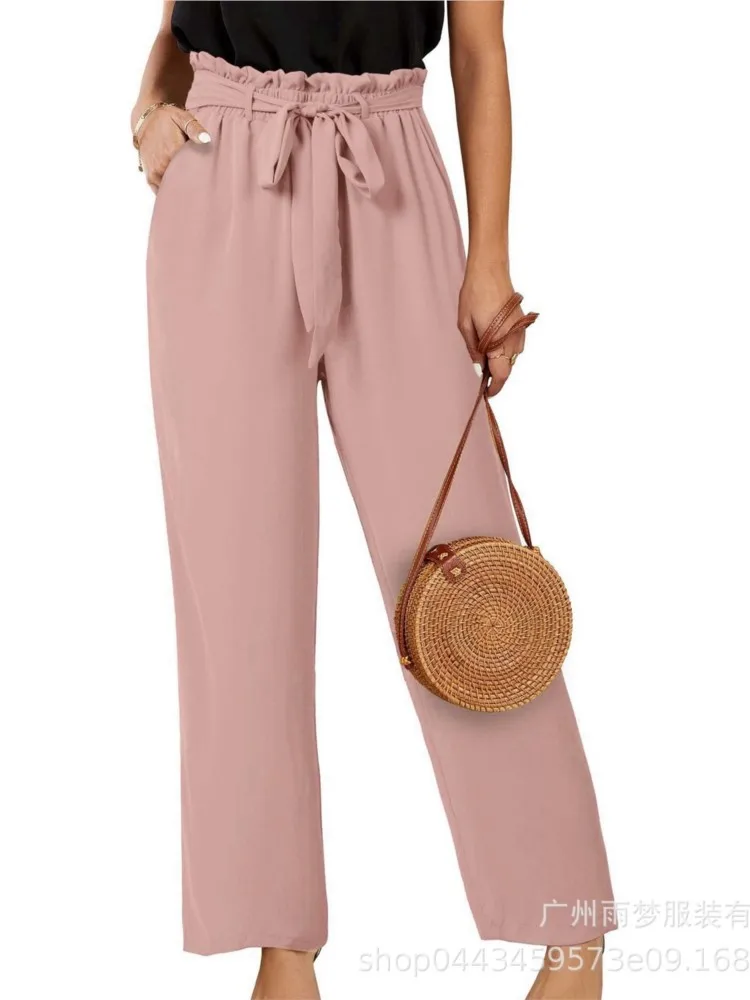 High-waisted Solid Color Straight Pants For Women Casual Lace-up Trousers Commuter Vacation Beach Streetwear Pants Spring Summer