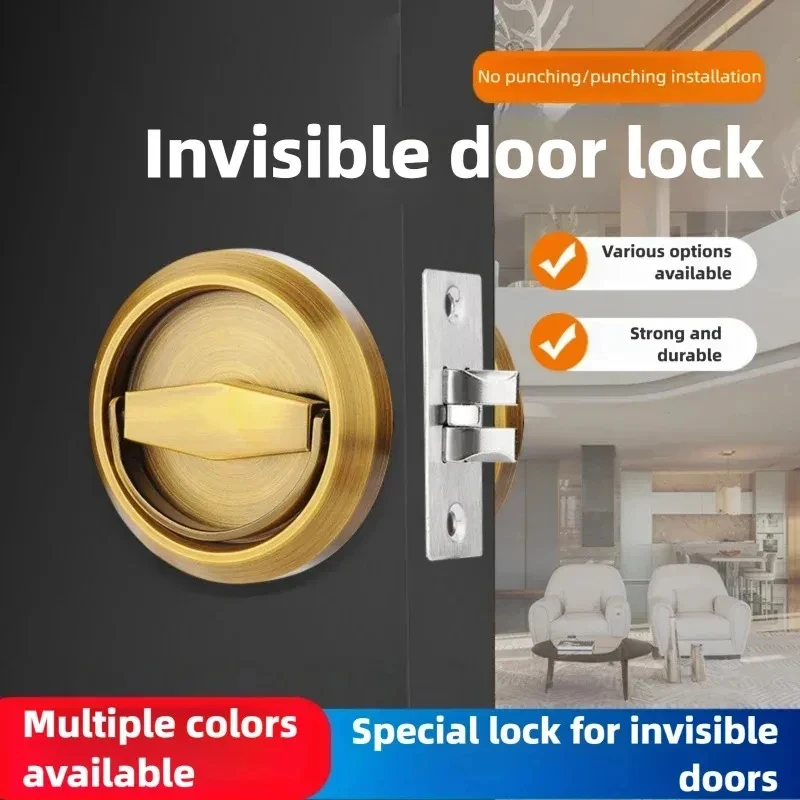 Heavy Duty Stainless Steel Hidden Door Lock, Flush Mount Concealed Pull Ring Lock for Indoor Room Home Security Use