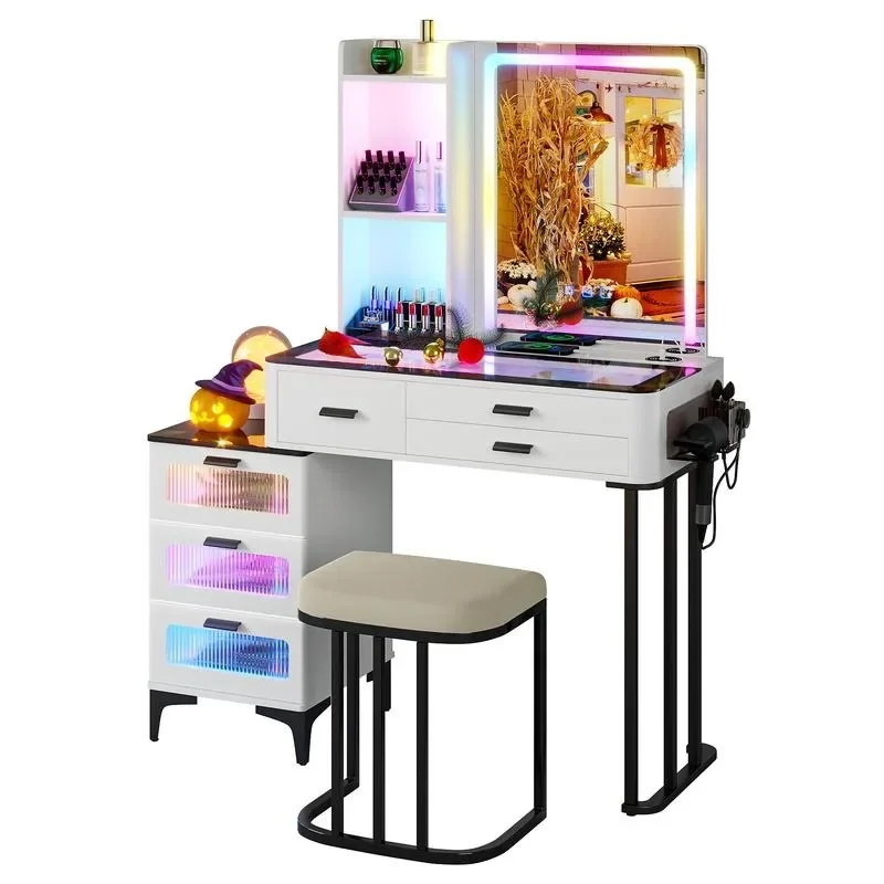 Miu Makeup Vanity Set, 24-Color RGB Lights, Wireless Charging, HD Mirror, Transparent Desktop,  6-Drawer Chest, and Big Storage