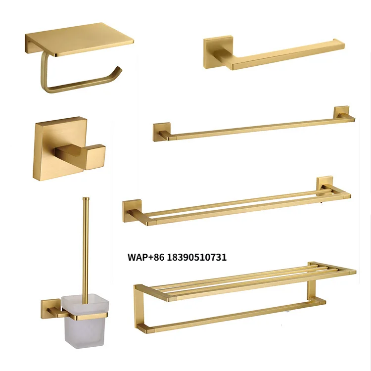 

Brushed Gold square Bathroom Hardware Set Accessories Brass Material