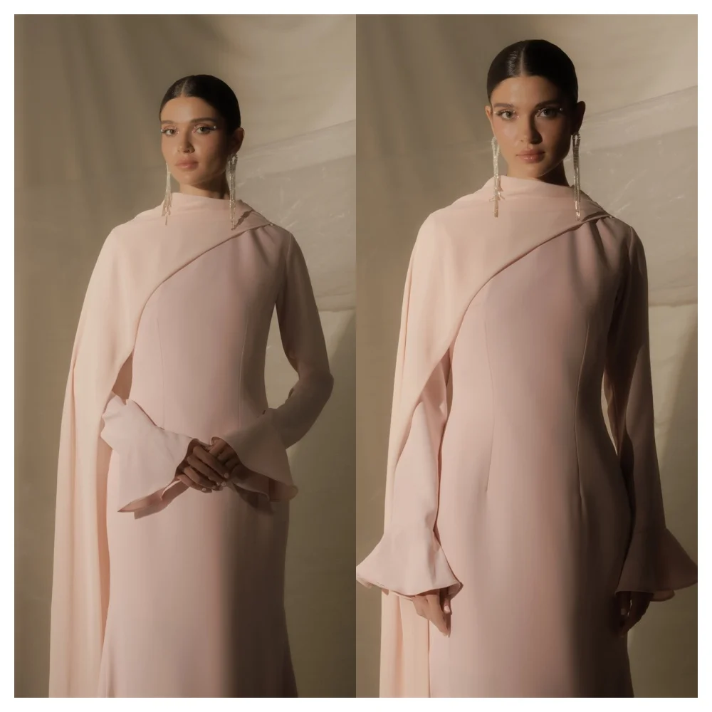 Customized  Simple Pink Jersey Evening Dress Temperament Crew Neck Long Sleeves Party Dress Modern Ankle Length Celebri image 3