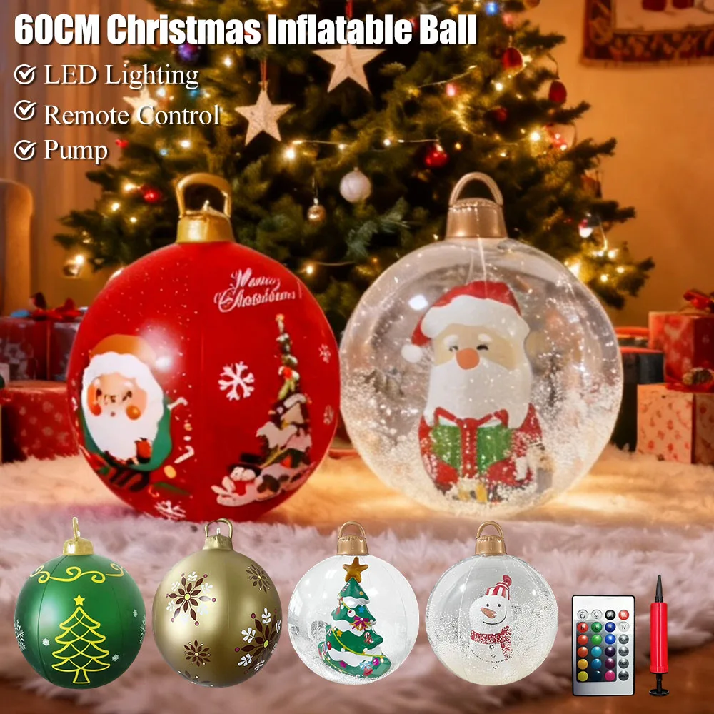 60 cm Weihnachtskugel-Ornament, PVC, riesige aufblasbare dekorative Kugeln, Weihnachts-LED-Licht-Dekorationsballon mit Fernbedienung und Pumpe