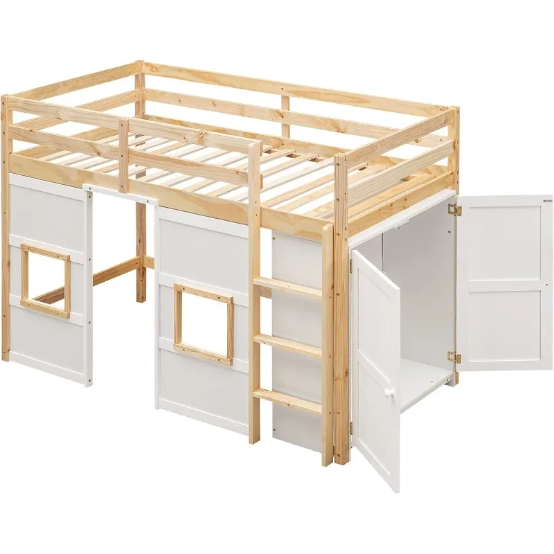 سرير لعب للأطفال بحجم مزدوج مع خزانة تخزين، أبيض