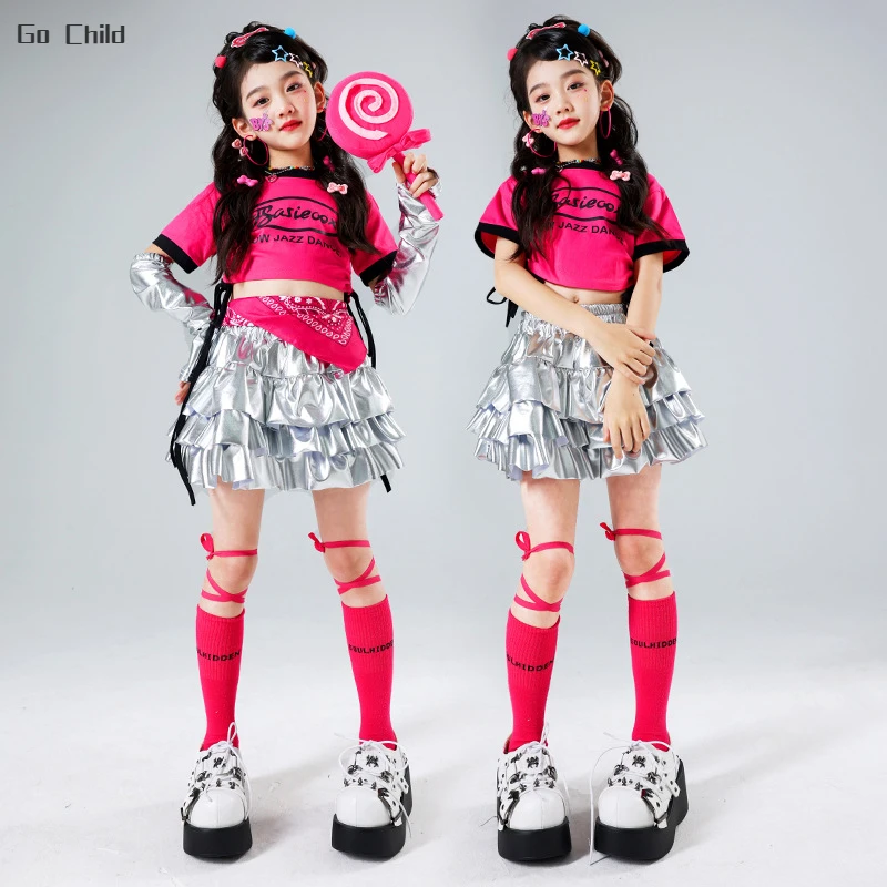 Girls Lovely Streetwear Hip Hop Crop Top Silver Tiered Skirts Child Printed T-shirt Clothes Sets Kids Street Dance Jazz Costumes